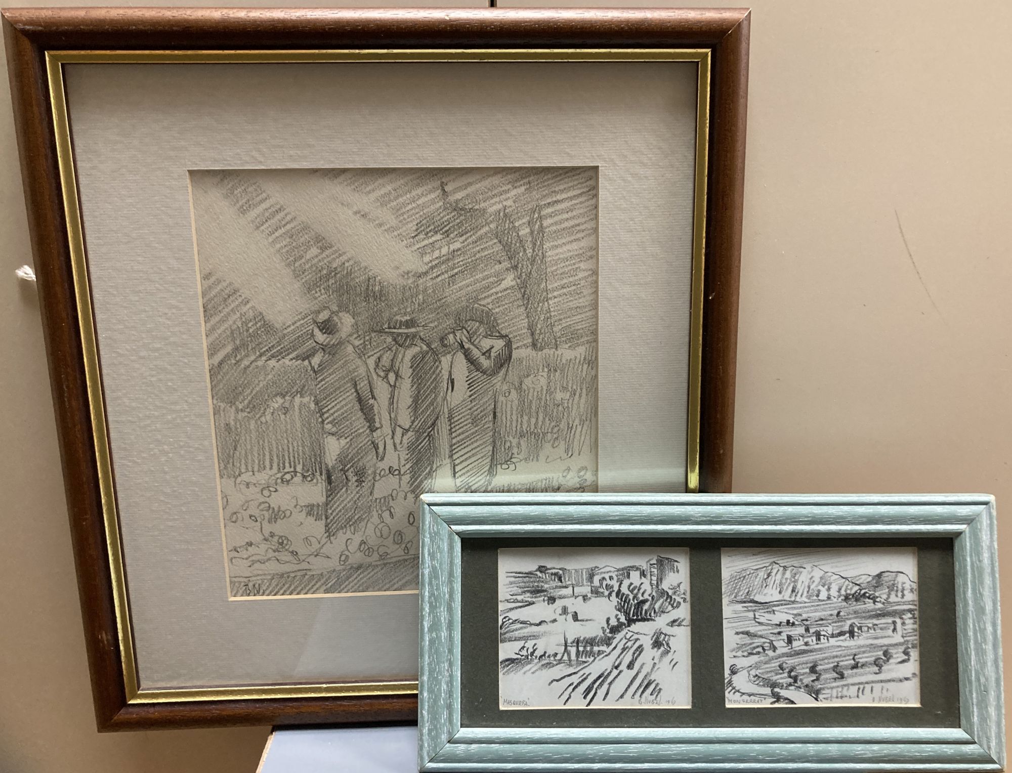 Basil Nubel (1923-1981), two pencil drawings, Masquefa and Monserrat, Spain, signed and dated 1967, 8 x 9.5cm, framed as one, and